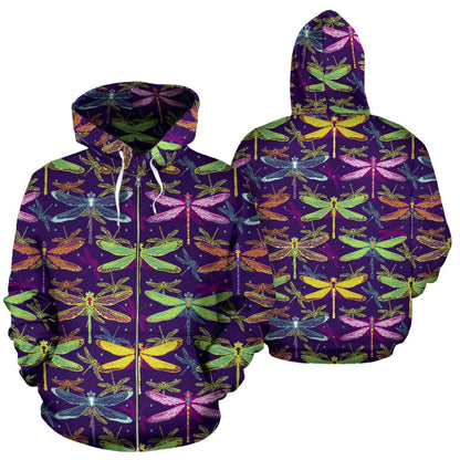 Dragonfly Neon Color Print Pattern Zip Up Hoodie