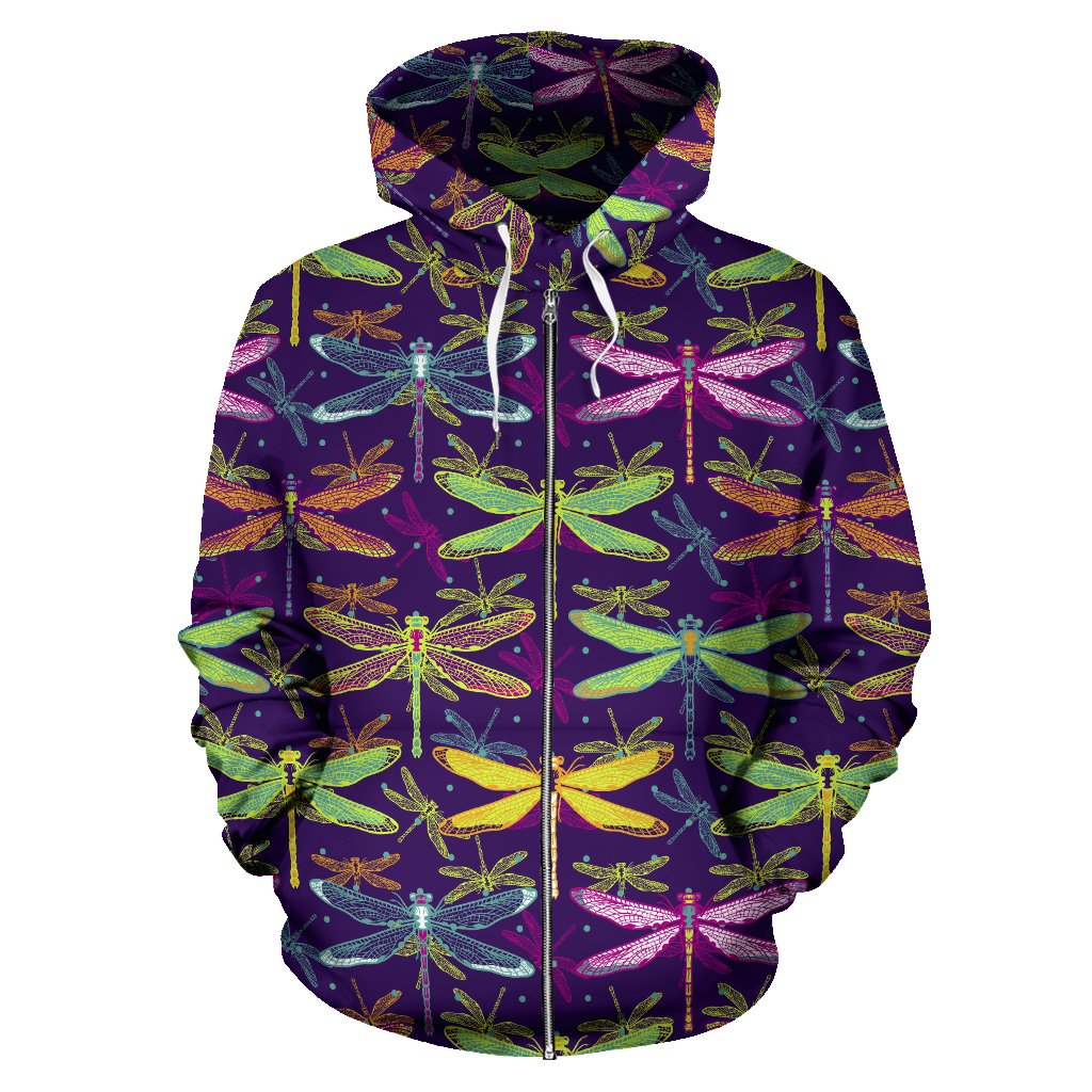 Dragonfly Neon Color Print Pattern Zip Up Hoodie