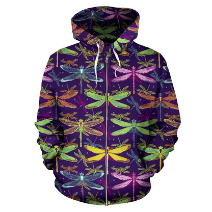 Dragonfly Neon Color Print Pattern Zip Up Hoodie