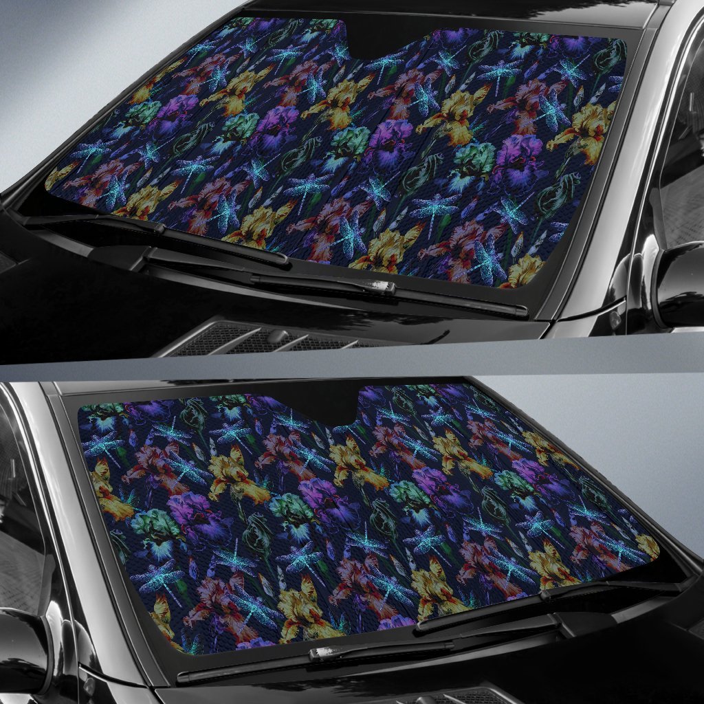 Dragonfly With Floral Print Pattern Car Sun Shade For Windshield