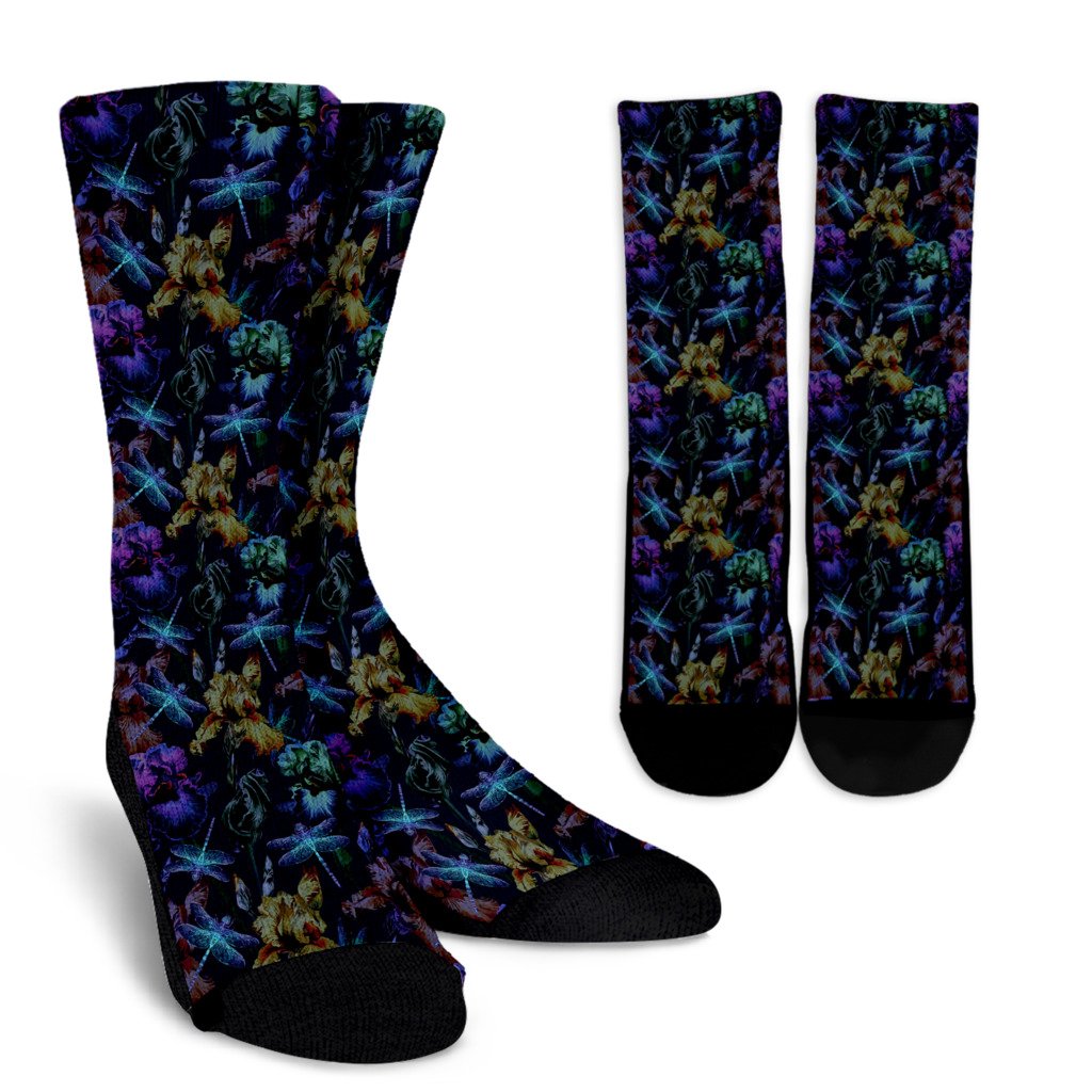 Dragonfly With Floral Print Pattern Crew Socks
