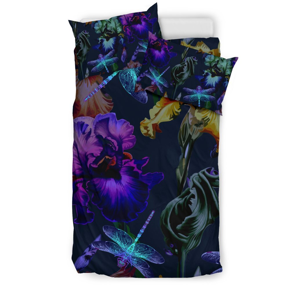 Dragonfly With Floral Print Pattern Duvet Cover Bedding Set