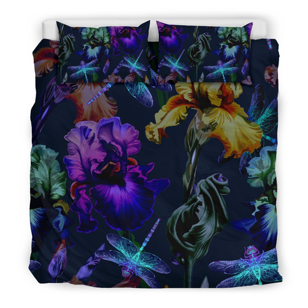Dragonfly With Floral Print Pattern Duvet Cover Bedding Set