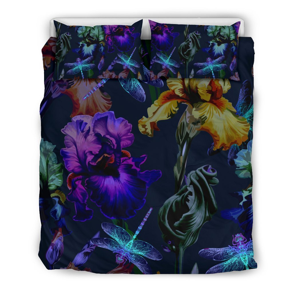 Dragonfly With Floral Print Pattern Duvet Cover Bedding Set