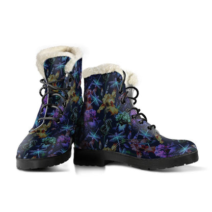 Dragonfly With Floral Print Pattern Faux Fur Leather Boots-JTAMIGO.COM