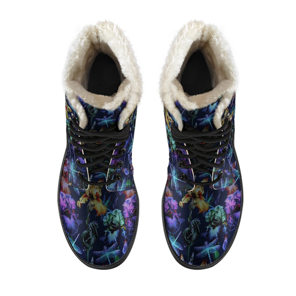 Dragonfly With Floral Print Pattern Faux Fur Leather Boots-JTAMIGO.COM