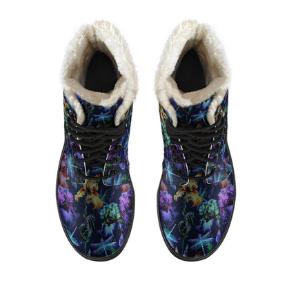 Dragonfly With Floral Print Pattern Faux Fur Leather Boots-JTAMIGO.COM