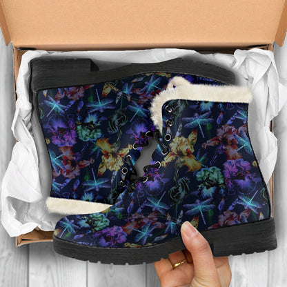 Dragonfly With Floral Print Pattern Faux Fur Leather Boots-JTAMIGO.COM