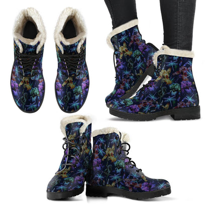 Dragonfly With Floral Print Pattern Faux Fur Leather Boots-JTAMIGO.COM