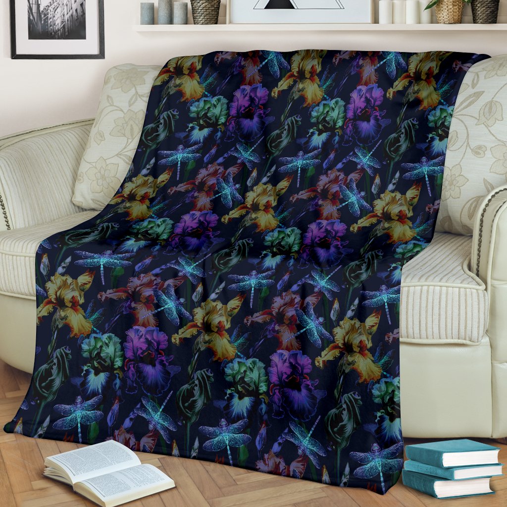 Dragonfly With Floral Print Pattern Fleece Blanket