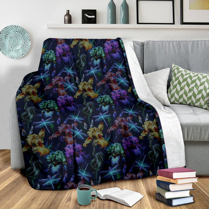 Dragonfly With Floral Print Pattern Fleece Blanket