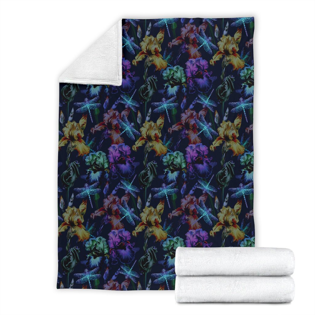 Dragonfly With Floral Print Pattern Fleece Blanket