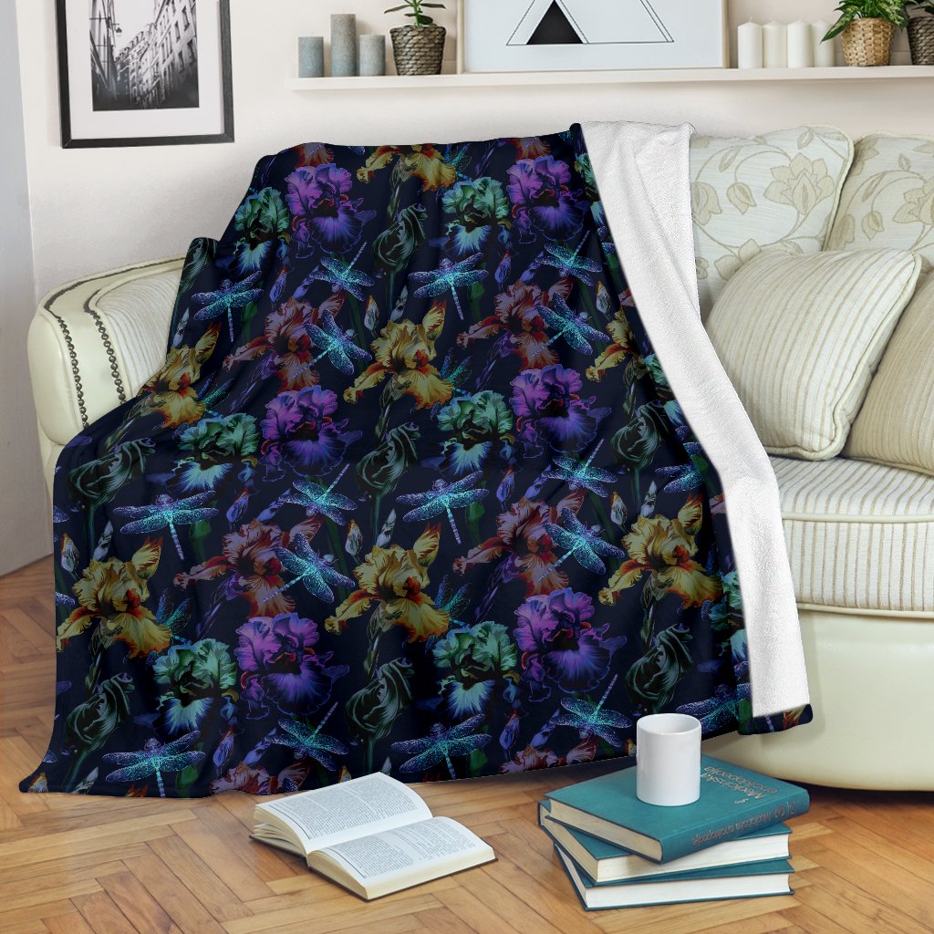 Dragonfly With Floral Print Pattern Fleece Blanket