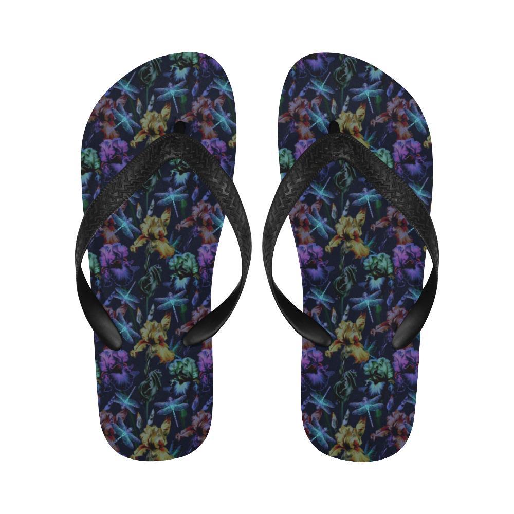 Dragonfly With Floral Print Pattern Flip Flops-JTAMIGO.COM