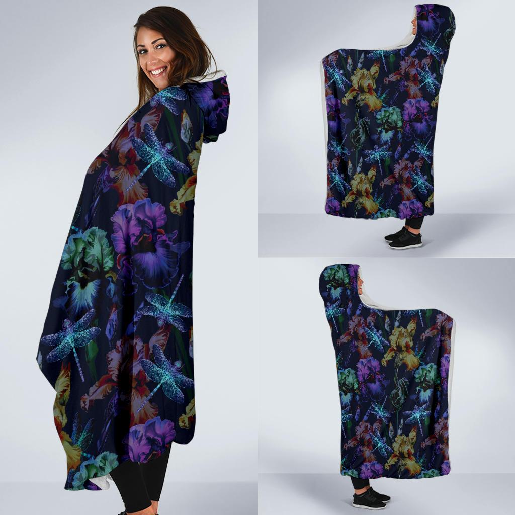 Dragonfly With Floral Print Pattern Hooded Blanket-JTAMIGO.COM