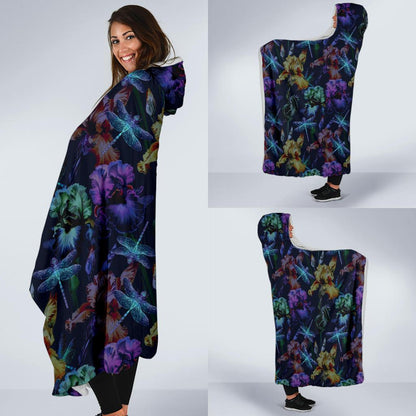 Dragonfly With Floral Print Pattern Hooded Blanket-JTAMIGO.COM