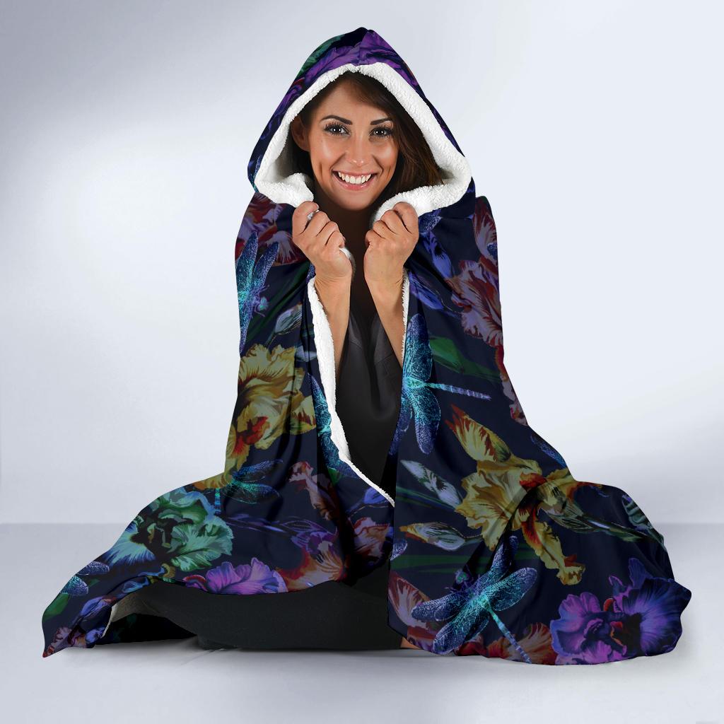 Dragonfly With Floral Print Pattern Hooded Blanket-JTAMIGO.COM