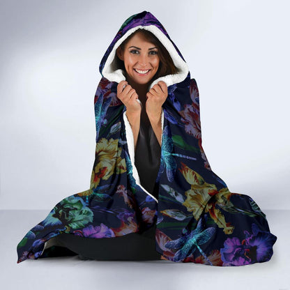 Dragonfly With Floral Print Pattern Hooded Blanket-JTAMIGO.COM