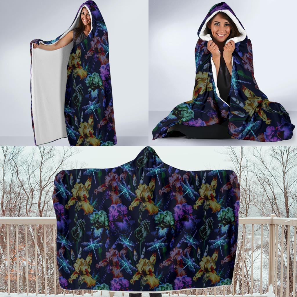 Dragonfly With Floral Print Pattern Hooded Blanket-JTAMIGO.COM