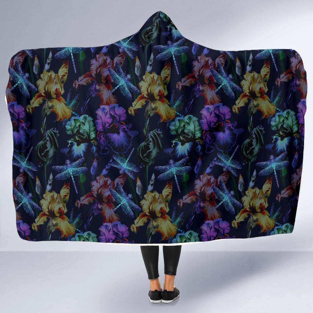Dragonfly With Floral Print Pattern Hooded Blanket-JTAMIGO.COM