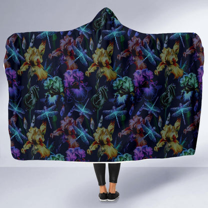 Dragonfly With Floral Print Pattern Hooded Blanket-JTAMIGO.COM