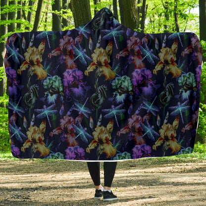Dragonfly With Floral Print Pattern Hooded Blanket-JTAMIGO.COM