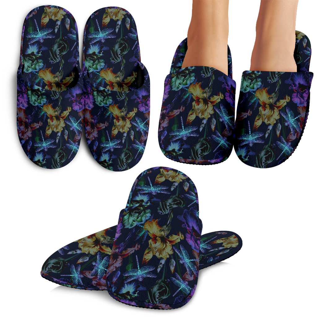 Dragonfly With Floral Print Pattern House Slippers
