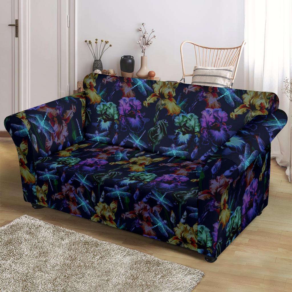 Dragonfly With Floral Print Pattern Loveseat Slipcover-JTAMIGO.COM