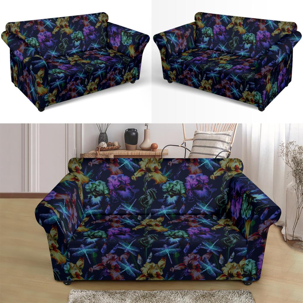 Dragonfly With Floral Print Pattern Loveseat Slipcover-JTAMIGO.COM