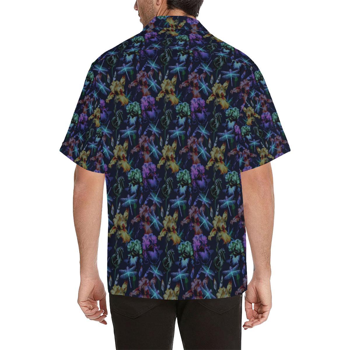 Dragonfly With Floral Print Pattern Men Aloha Hawaiian Shirt