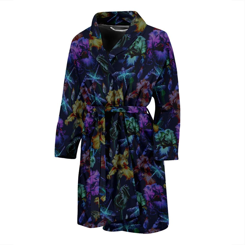 Dragonfly With Floral Print Pattern Men Bath Robe-JTAMIGO.COM