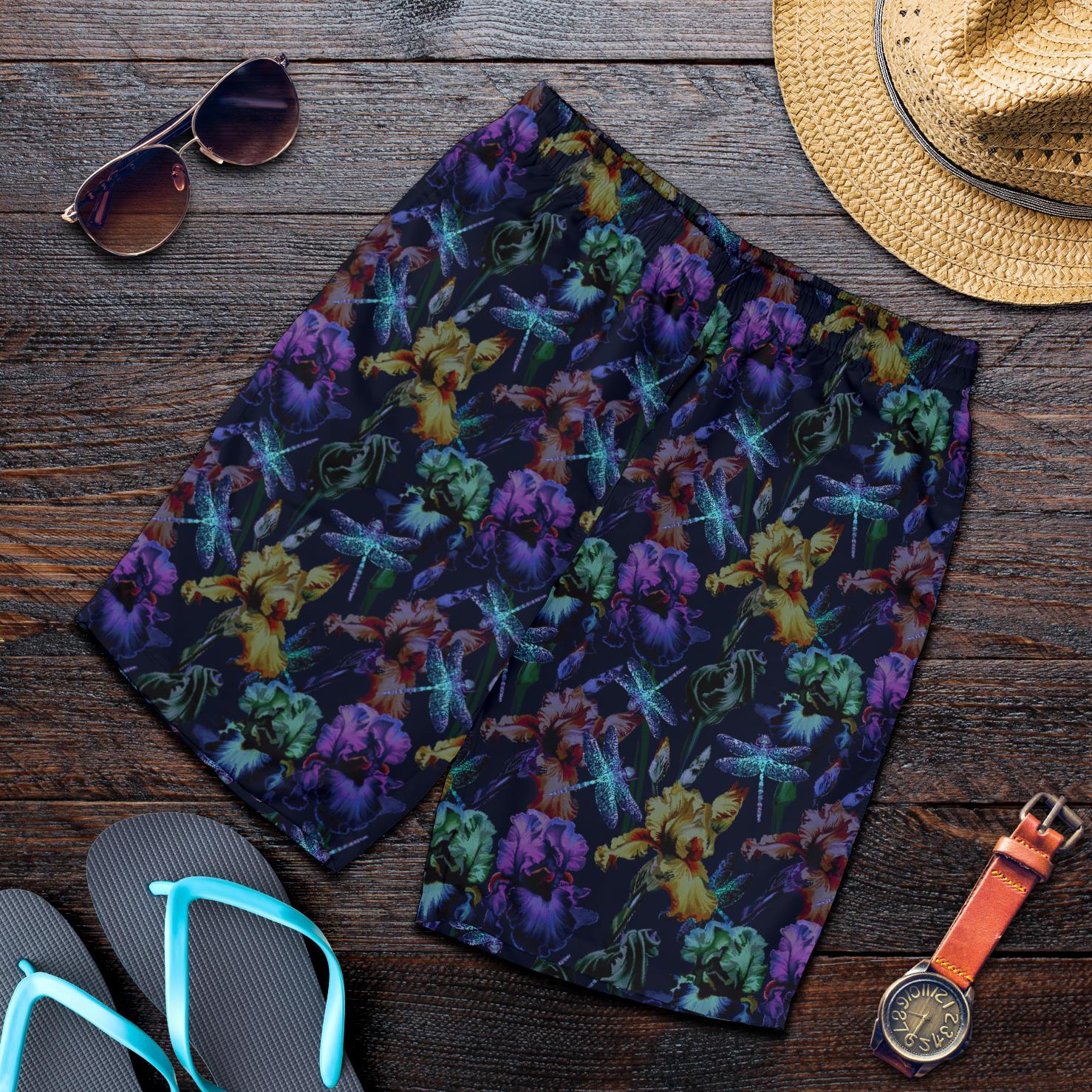 Dragonfly With Floral Print Pattern Mens Shorts-JTAMIGO.COM