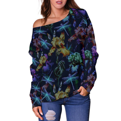 Dragonfly With Floral Print Pattern Off Shoulder Sweatshirt