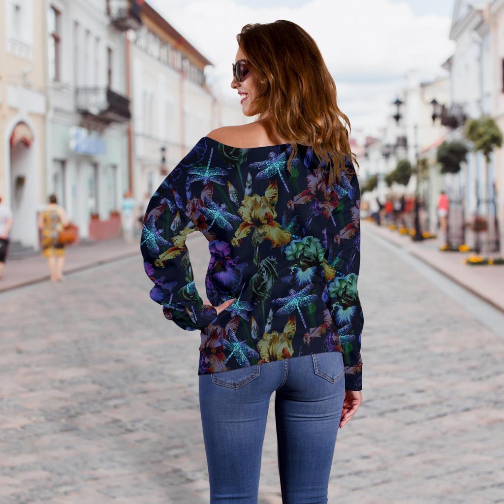 Dragonfly With Floral Print Pattern Off Shoulder Sweatshirt