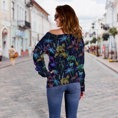 Dragonfly With Floral Print Pattern Off Shoulder Sweatshirt