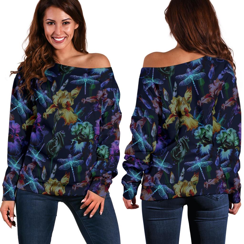 Dragonfly With Floral Print Pattern Off Shoulder Sweatshirt