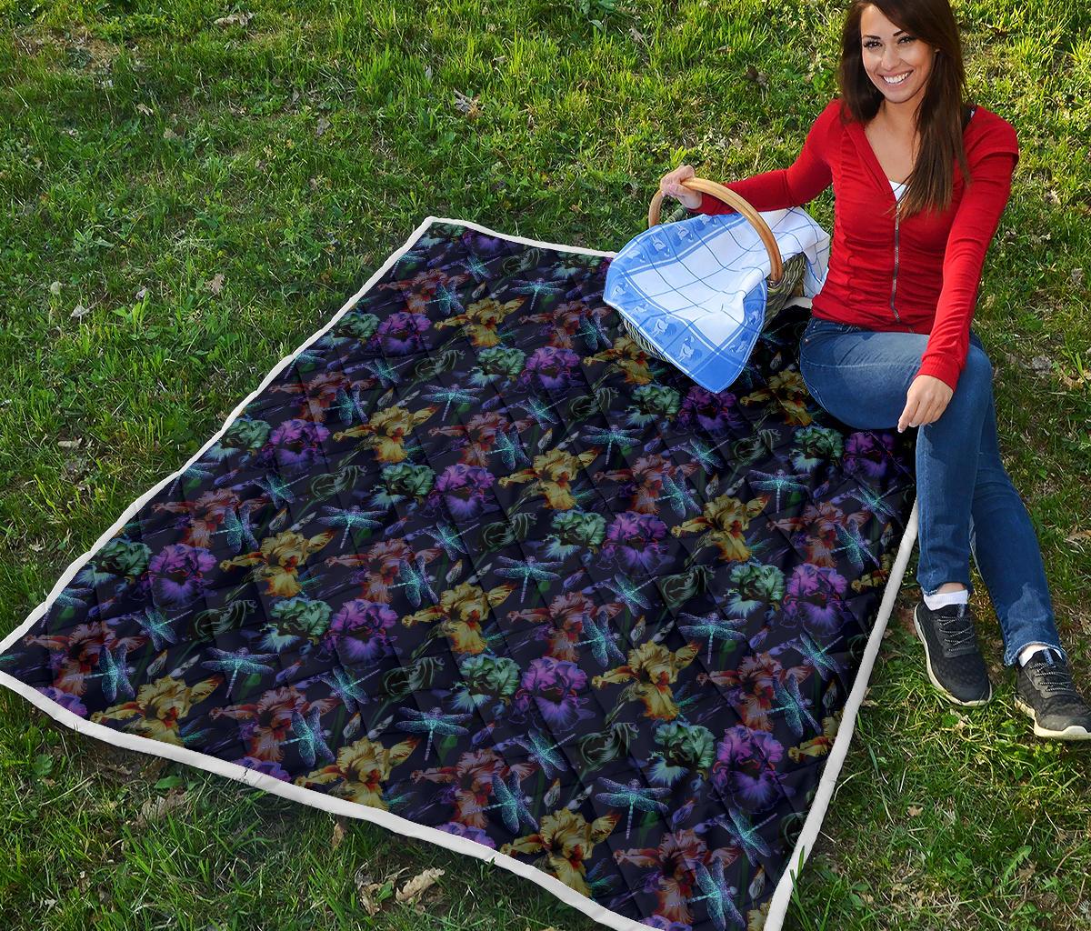 Dragonfly With Floral Print Pattern Premium Quilt-JTAMIGO.COM