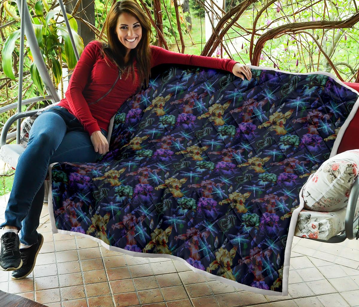Dragonfly With Floral Print Pattern Premium Quilt-JTAMIGO.COM