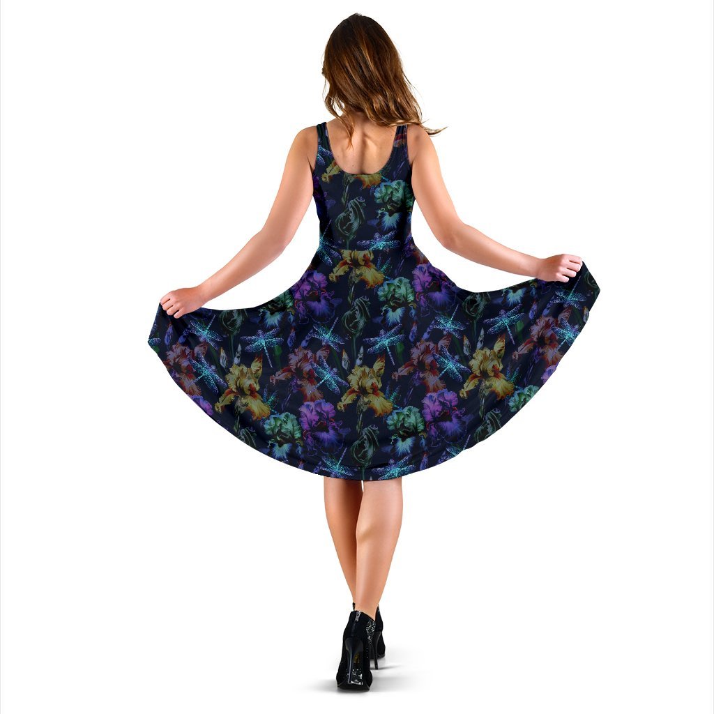 Dragonfly With Floral Print Pattern Sleeveless Dress