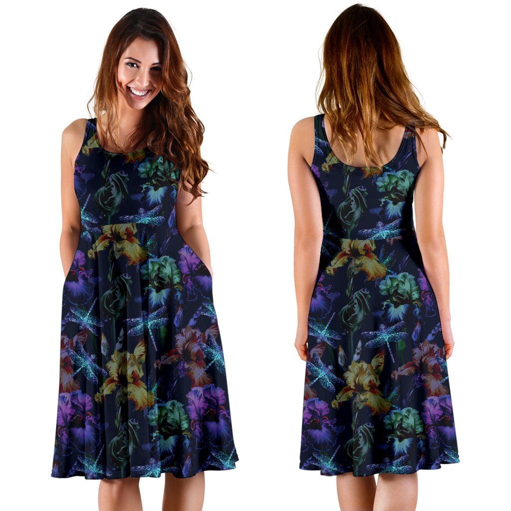 Dragonfly With Floral Print Pattern Sleeveless Dress