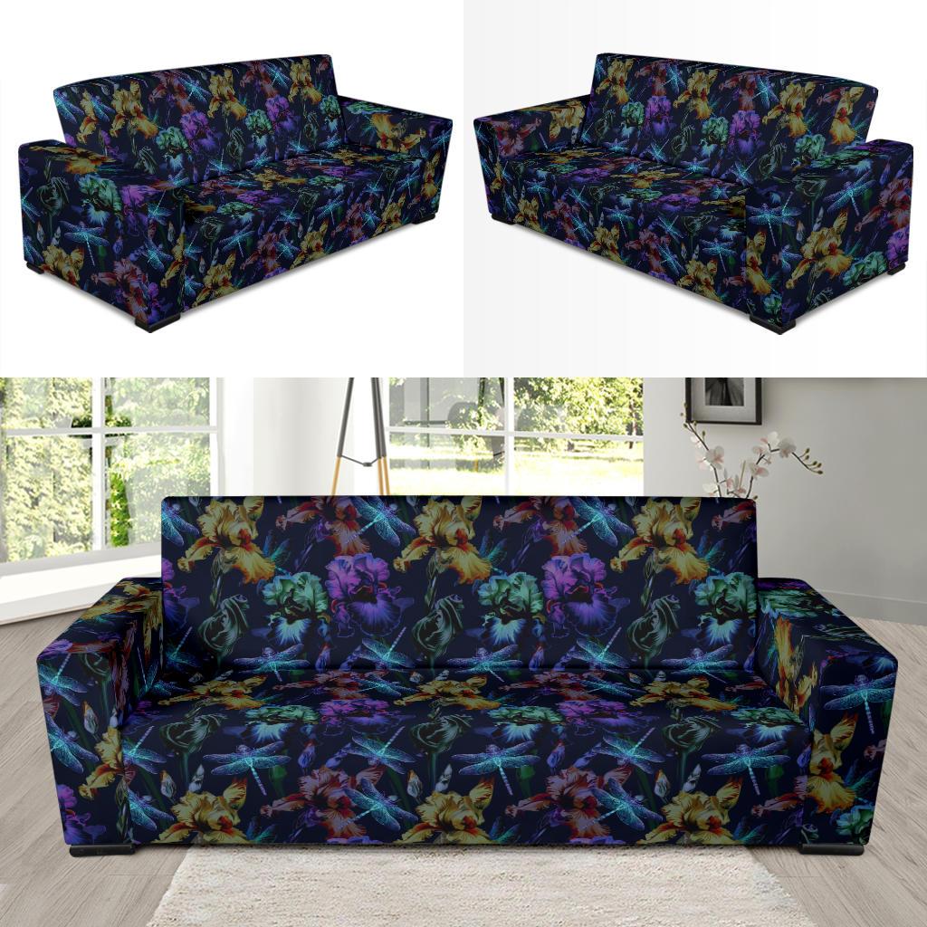 Dragonfly With Floral Print Pattern Sofa Slipcover-JTAMIGO.COM