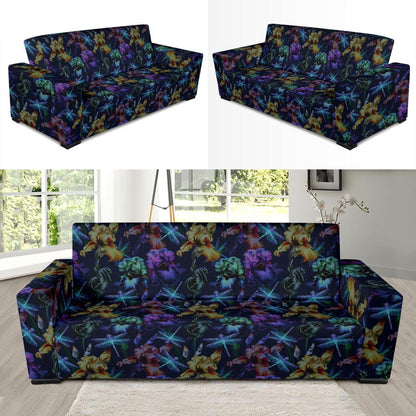 Dragonfly With Floral Print Pattern Sofa Slipcover-JTAMIGO.COM