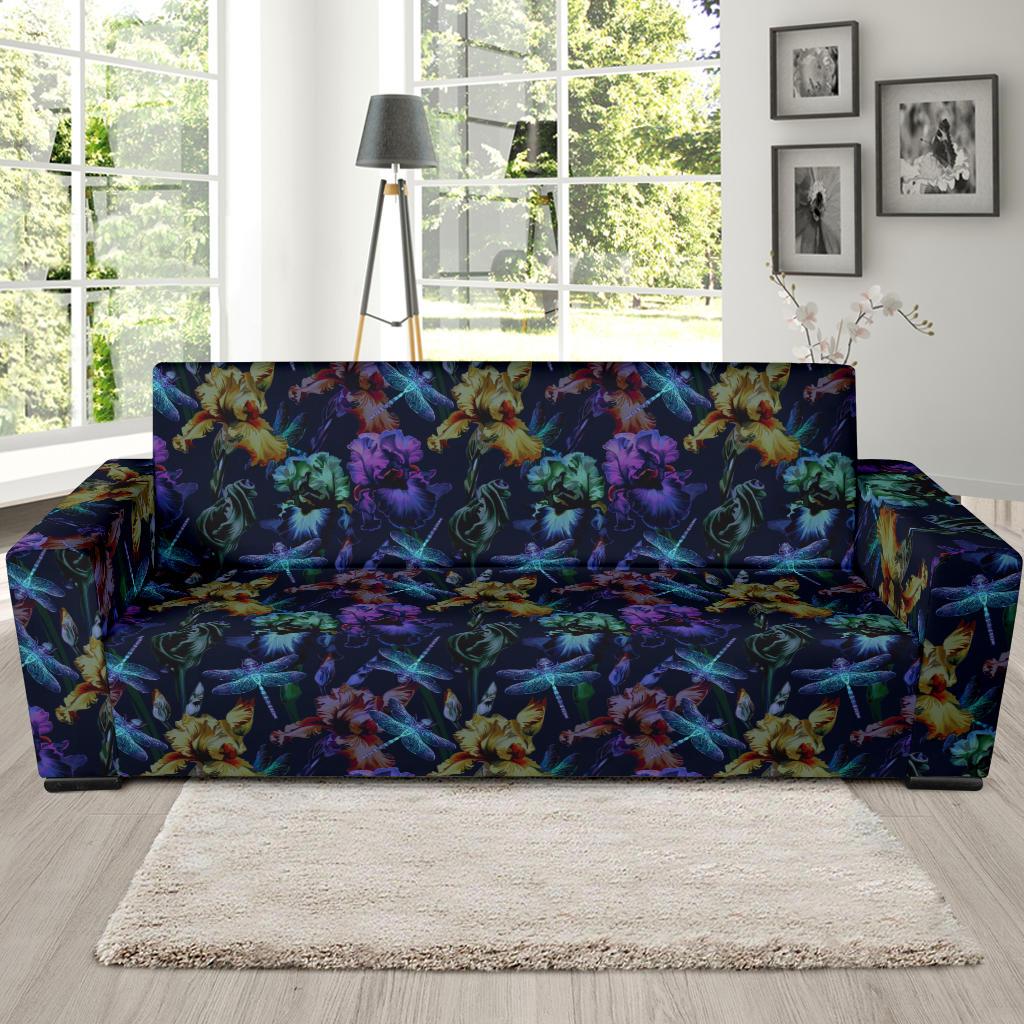 Dragonfly With Floral Print Pattern Sofa Slipcover-JTAMIGO.COM