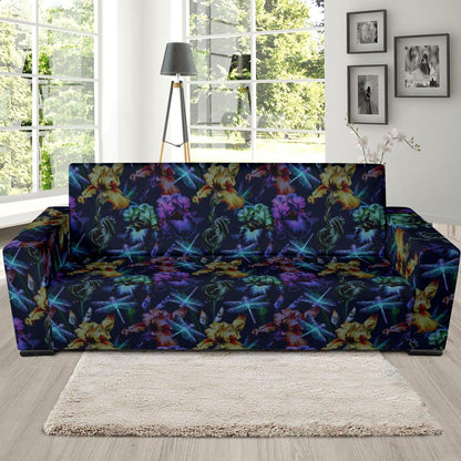 Dragonfly With Floral Print Pattern Sofa Slipcover-JTAMIGO.COM