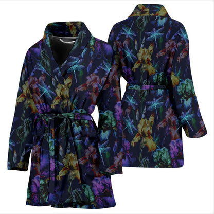 Dragonfly With Floral Print Pattern Women Bath Robe-JTAMIGO.COM