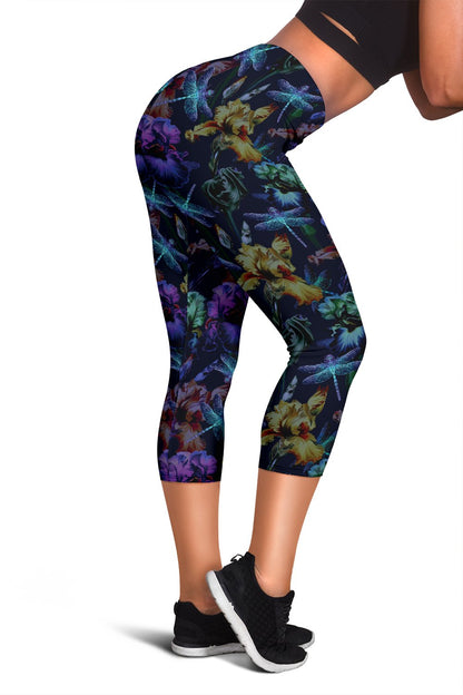 Dragonfly With Floral Print Pattern Women Capris