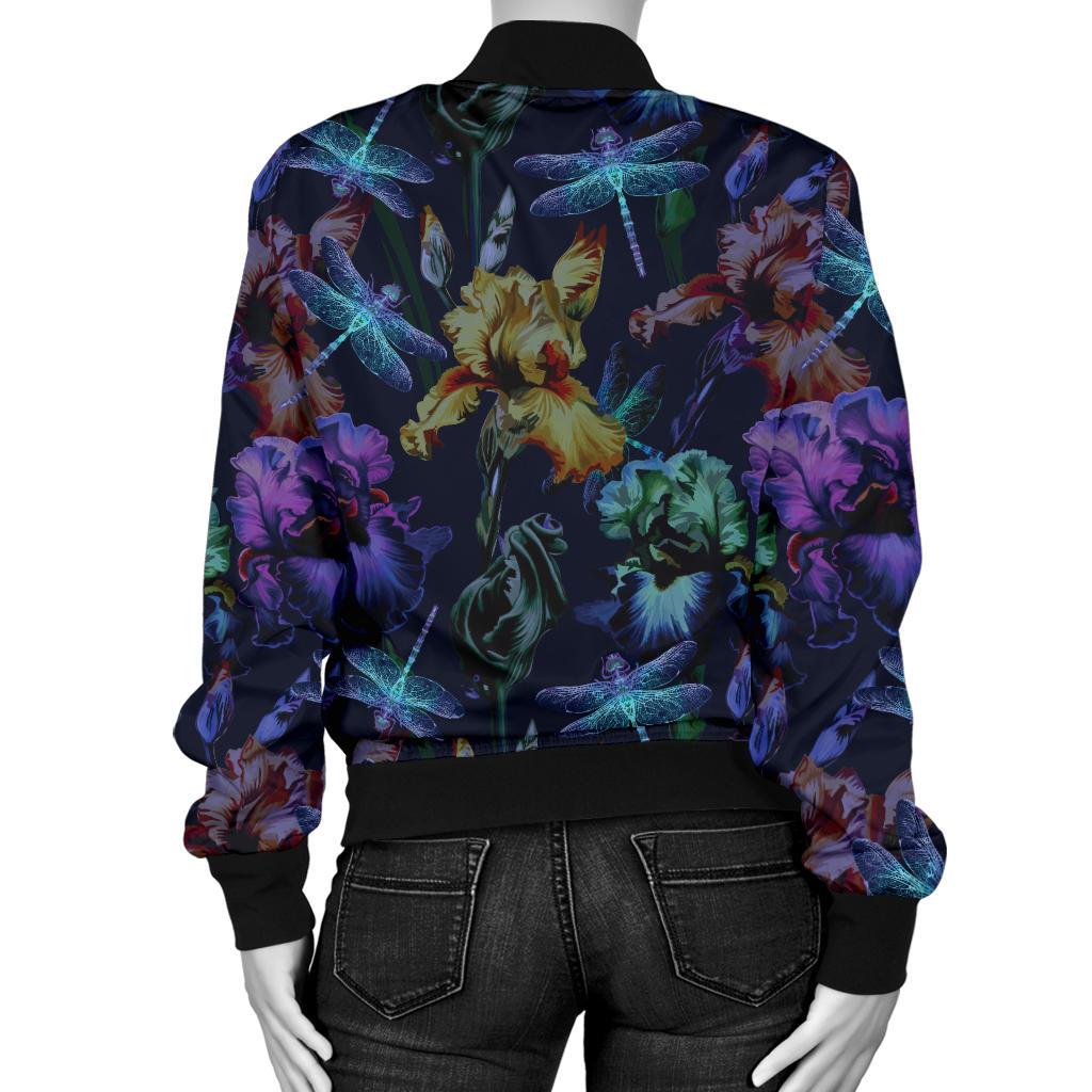 Dragonfly With Floral Print Pattern Women Casual Bomber Jacket