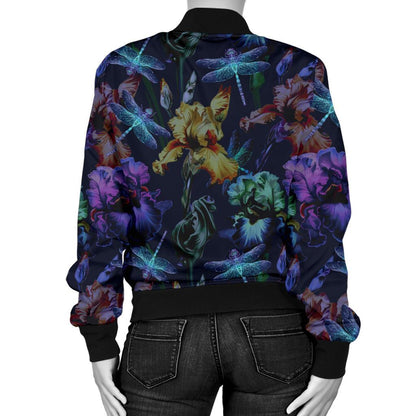 Dragonfly With Floral Print Pattern Women Casual Bomber Jacket