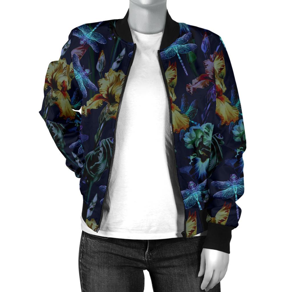 Dragonfly With Floral Print Pattern Women Casual Bomber Jacket