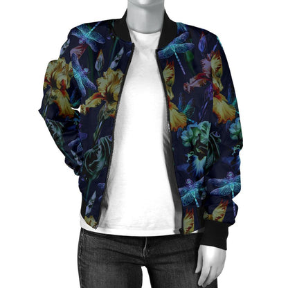 Dragonfly With Floral Print Pattern Women Casual Bomber Jacket